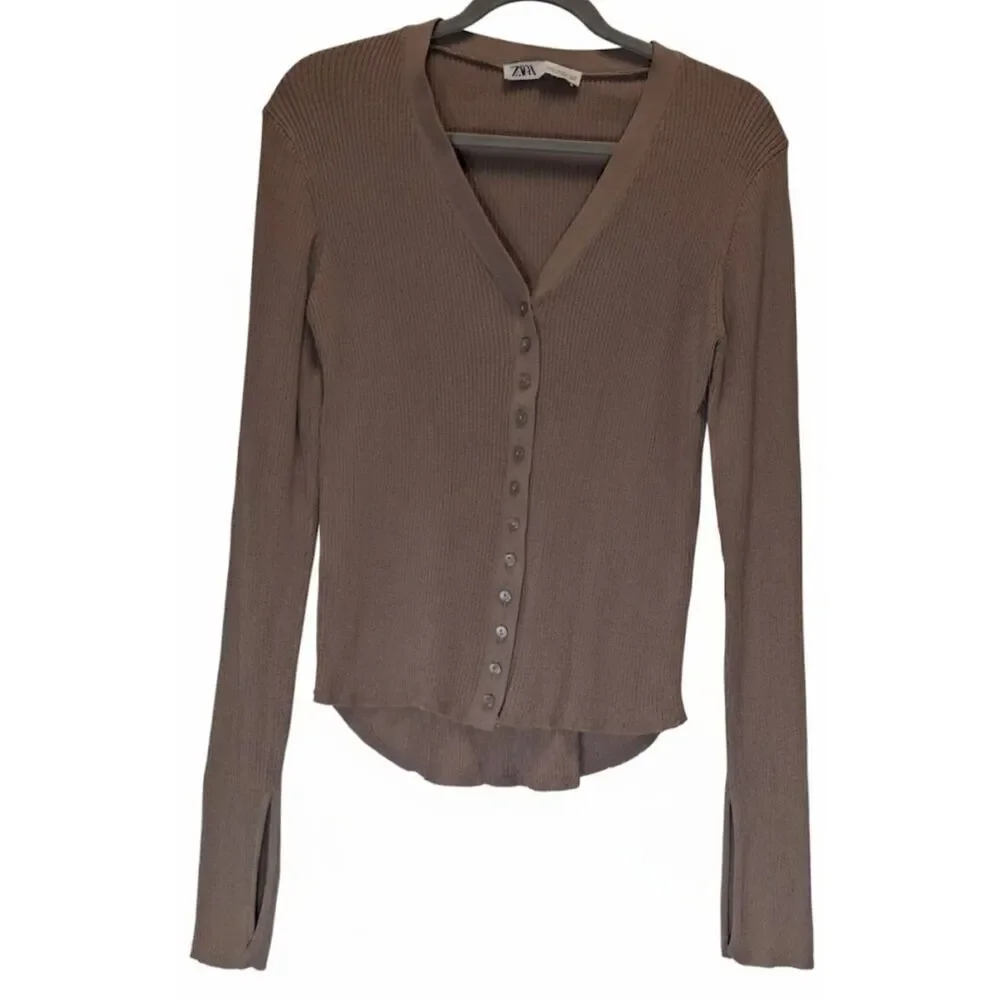 Zara womens xlarge cardigan sweater mocha brown taupe viscose stretch tan